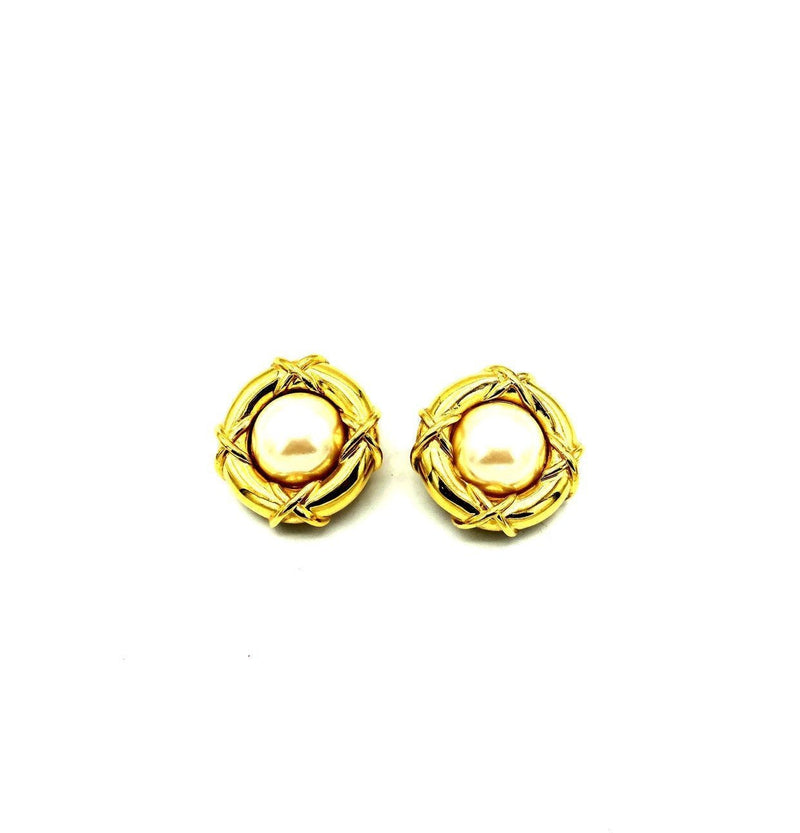 Vintage Gold Nested Pearl St. John Round Vintage Clip - On Earrings - 24 Wishes Vintage Jewelry