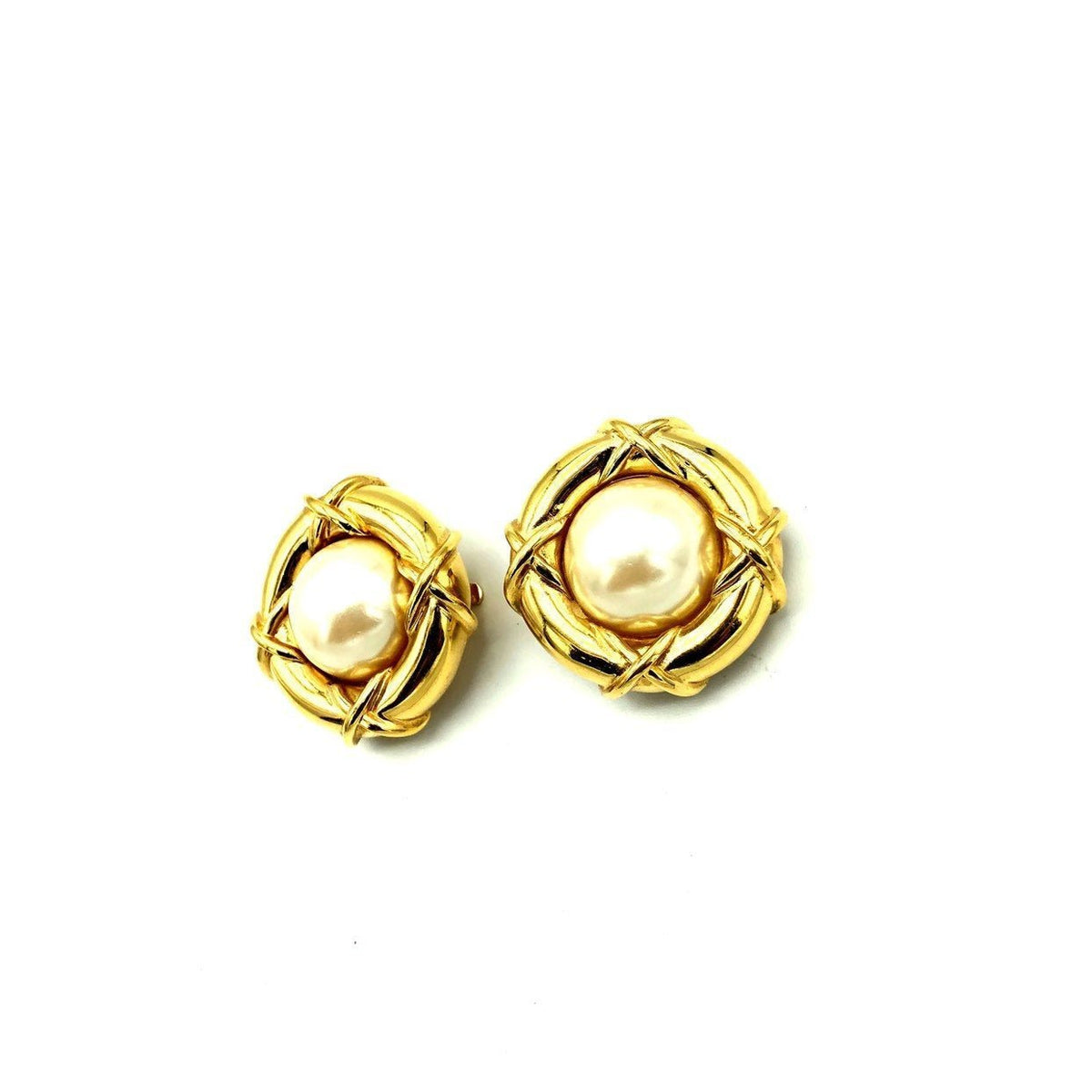 Vintage Gold Nested Pearl St. John Round Vintage Clip - On Earrings - 24 Wishes Vintage Jewelry