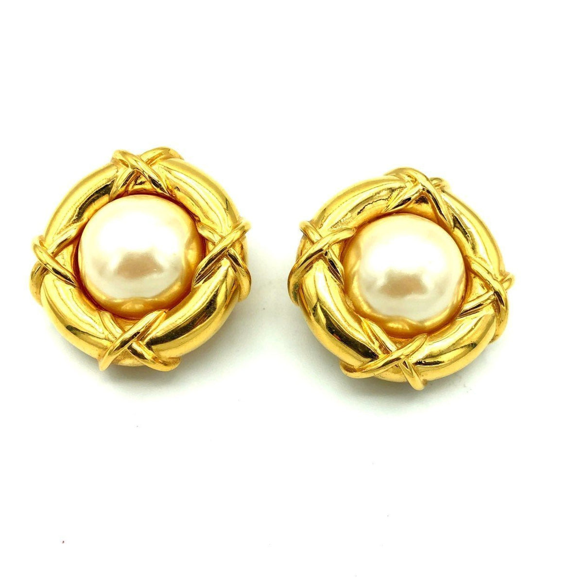 Vintage Gold Nested Pearl St. John Round Vintage Clip - On Earrings - 24 Wishes Vintage Jewelry