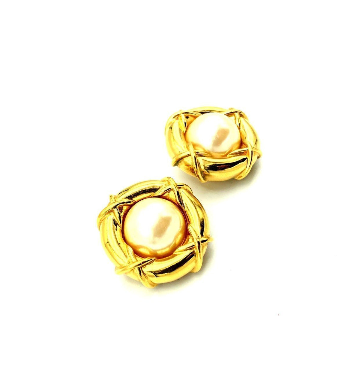 Vintage Gold Nested Pearl St. John Round Vintage Clip - On Earrings - 24 Wishes Vintage Jewelry