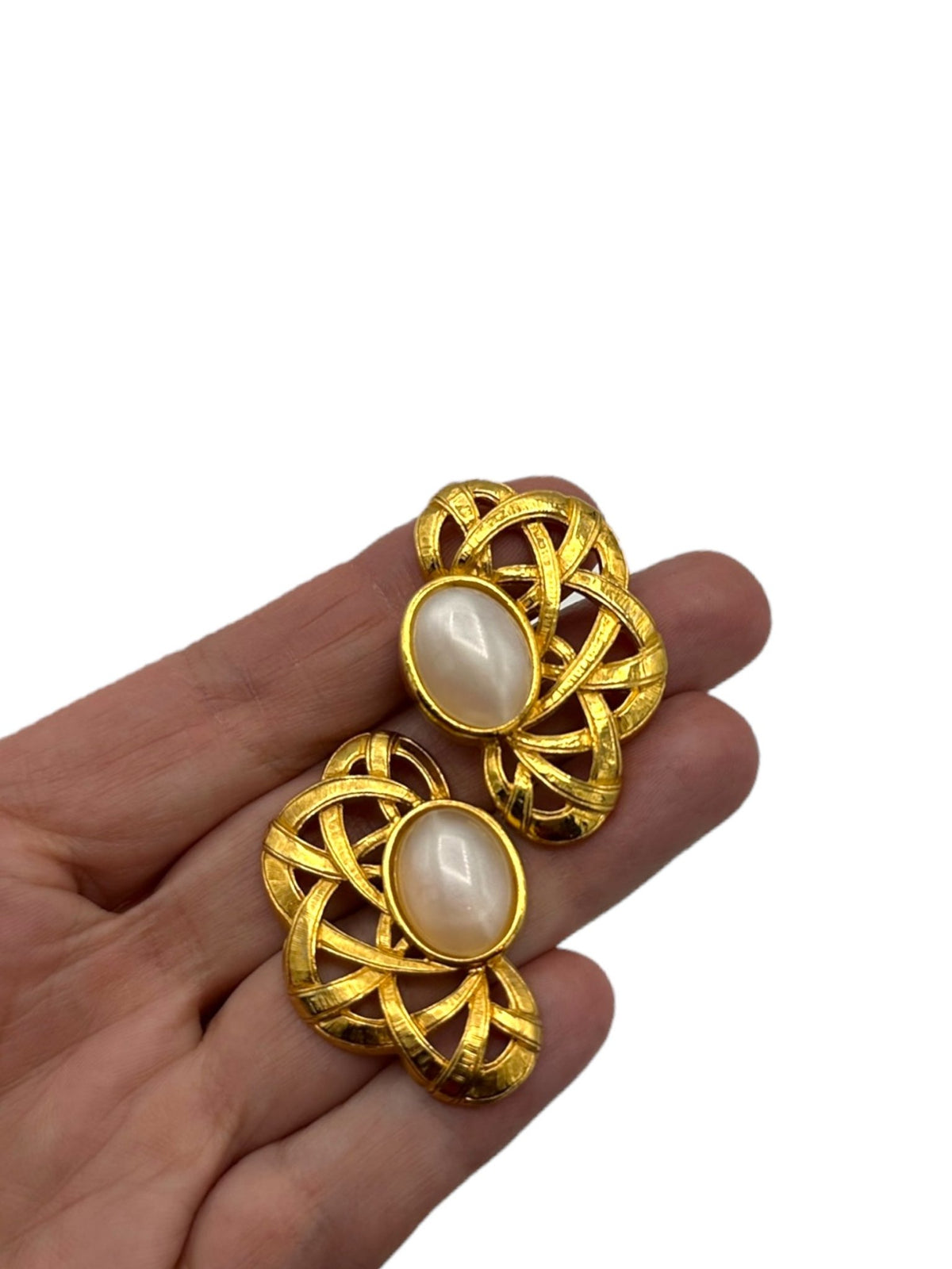 Vintage Gold Pearl Cabochon Statement Pierced Earrings - 24 Wishes Vintage Jewelry