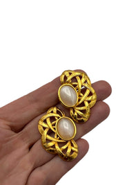 Vintage Gold Pearl Cabochon Statement Pierced Earrings - 24 Wishes Vintage Jewelry