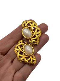 Vintage Gold Pearl Cabochon Statement Pierced Earrings - 24 Wishes Vintage Jewelry