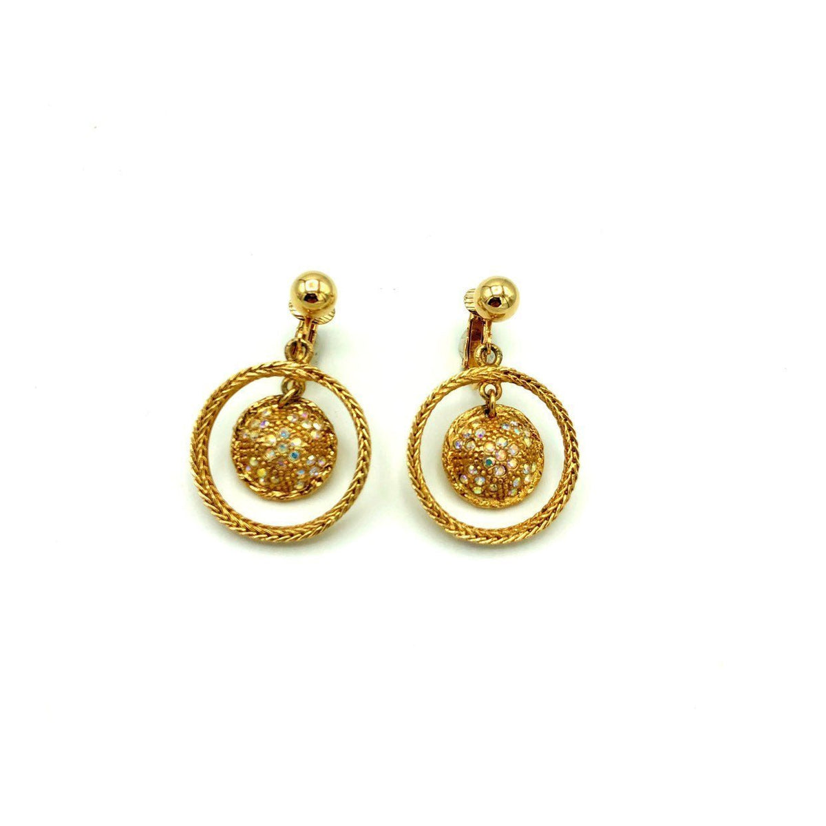 Vintage Gold Rhinestone Circle Dangle Clip - On Earrings - 24 Wishes Vintage Jewelry