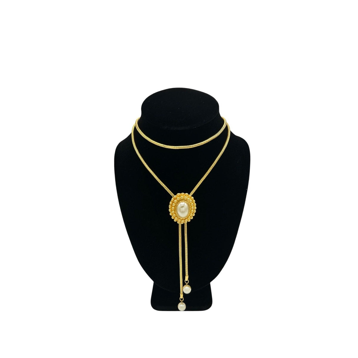 Vintage Gold Snake Chain Lariat Bolo Necklace Faux Pearl Adjustable