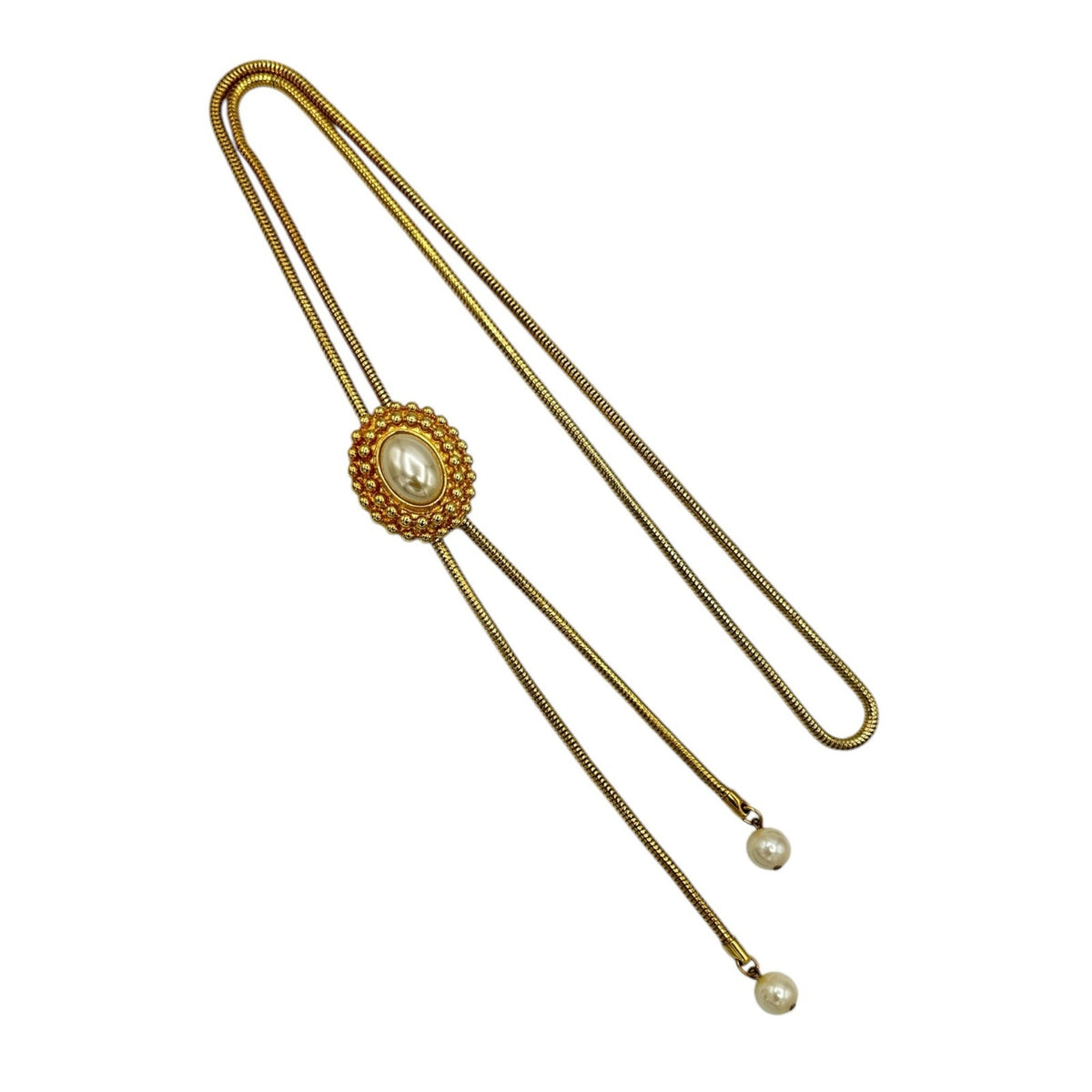 Vintage Gold Snake Chain Lariat Bolo Necklace Faux Pearl Adjustable