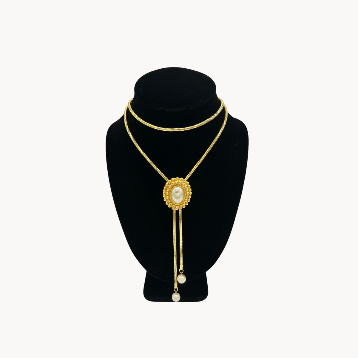Vintage Gold Snake Chain Lariat Bolo Necklace Faux Pearl Adjustable