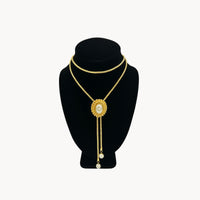 Vintage Gold Snake Chain Lariat Bolo Necklace Faux Pearl Adjustable