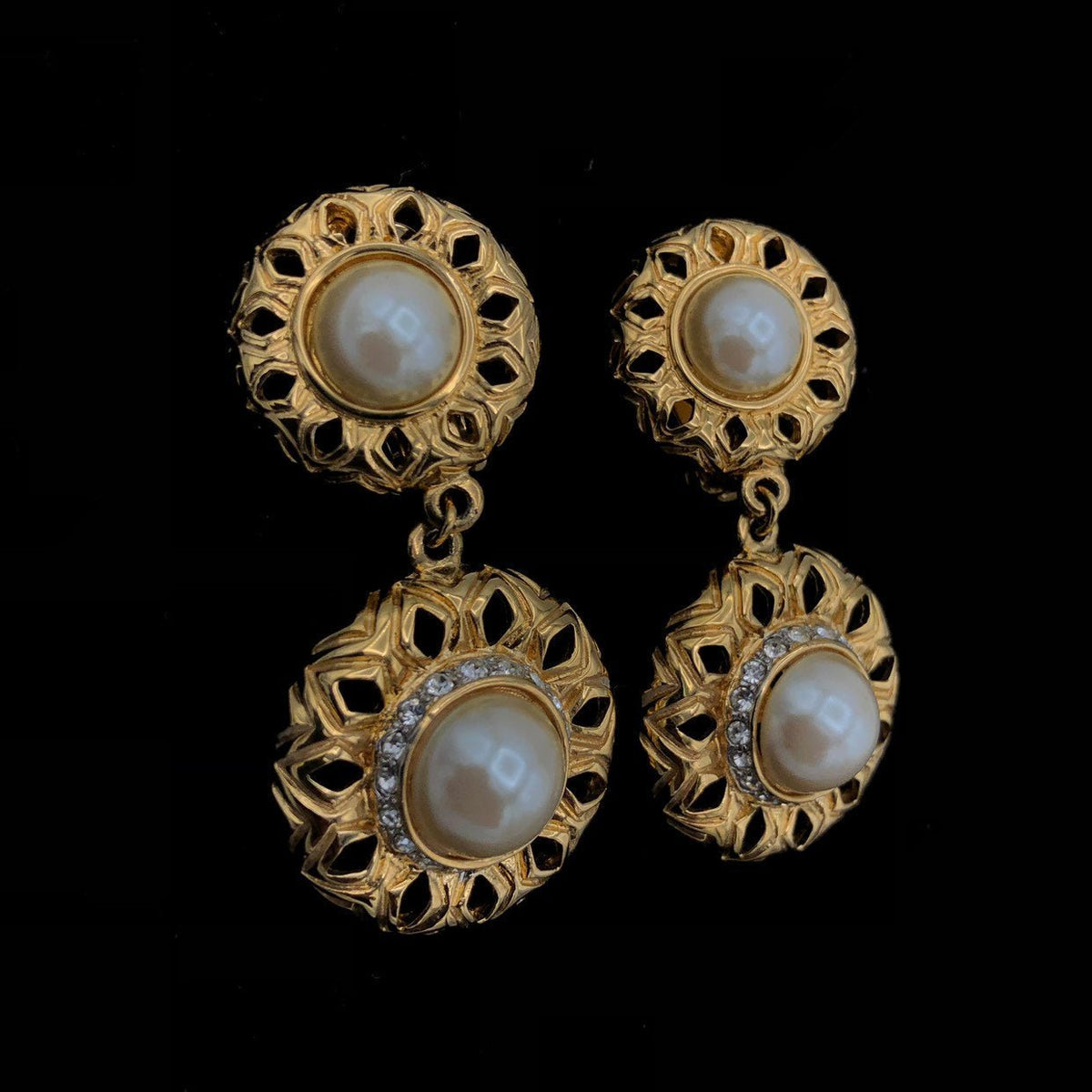 Vintage Gold St. John Dangle Pearl Clip - On Earrings - 24 Wishes Vintage Jewelry