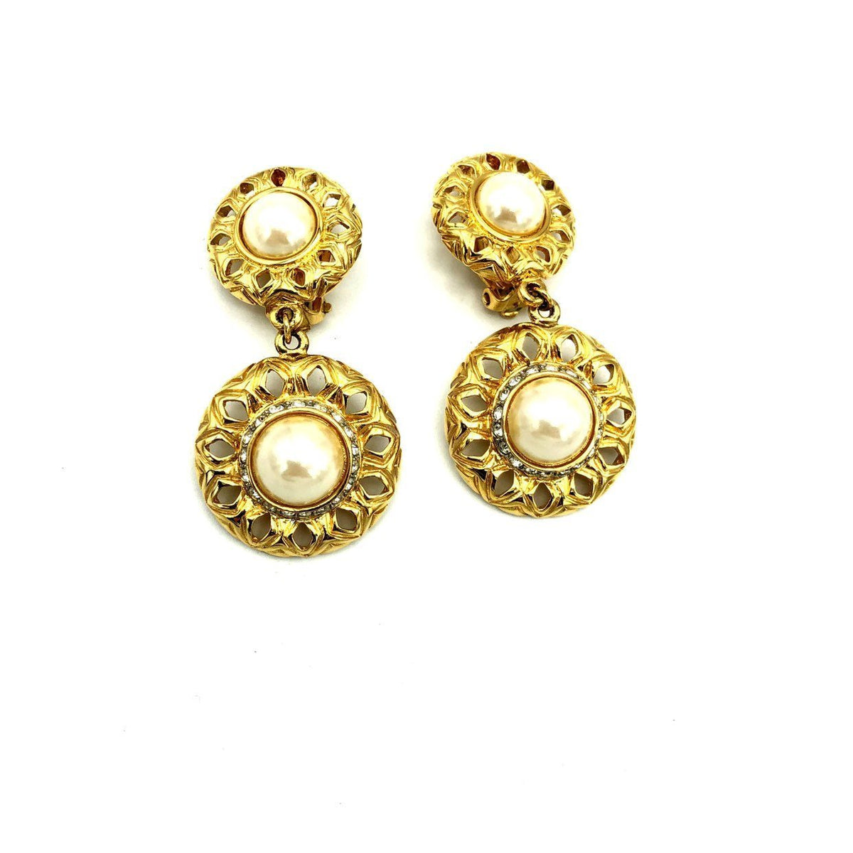 Vintage Gold St. John Dangle Pearl Clip - On Earrings - 24 Wishes Vintage Jewelry