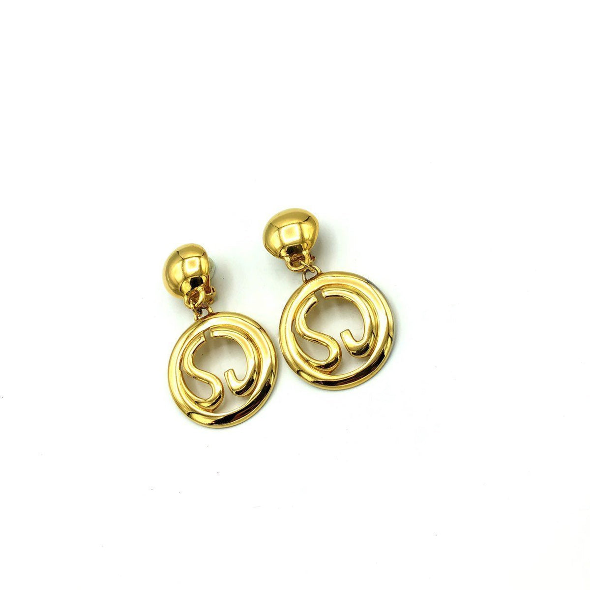 Vintage Gold St. John Logo Dangle Statement Clip - On Earrings - 24 Wishes Vintage Jewelry