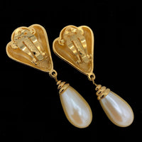 Vintage Gold St. John Tear Dangle Pearl Clip - On Earrings - 24 Wishes Vintage Jewelry