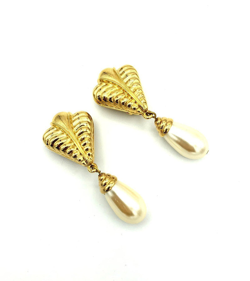 Vintage Gold St. John Tear Dangle Pearl Clip - On Earrings - 24 Wishes Vintage Jewelry