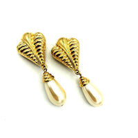 Vintage Gold St. John Tear Dangle Pearl Clip - On Earrings - 24 Wishes Vintage Jewelry