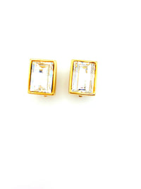 Vintage Gold Swarovski Rectangle Clear Crystal Clip - On Earrings - 24 Wishes Vintage Jewelry