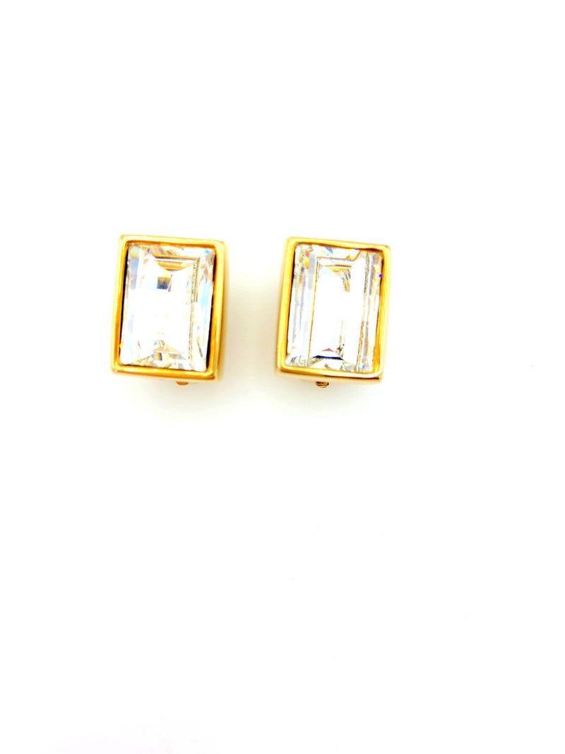 Vintage Gold Swarovski Rectangle Clear Crystal Clip - On Earrings - 24 Wishes Vintage Jewelry