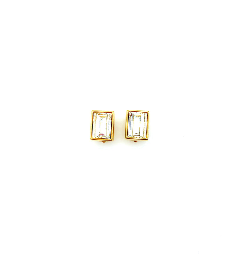 Vintage Gold Swarovski Rectangle Clear Crystal Clip - On Earrings - 24 Wishes Vintage Jewelry