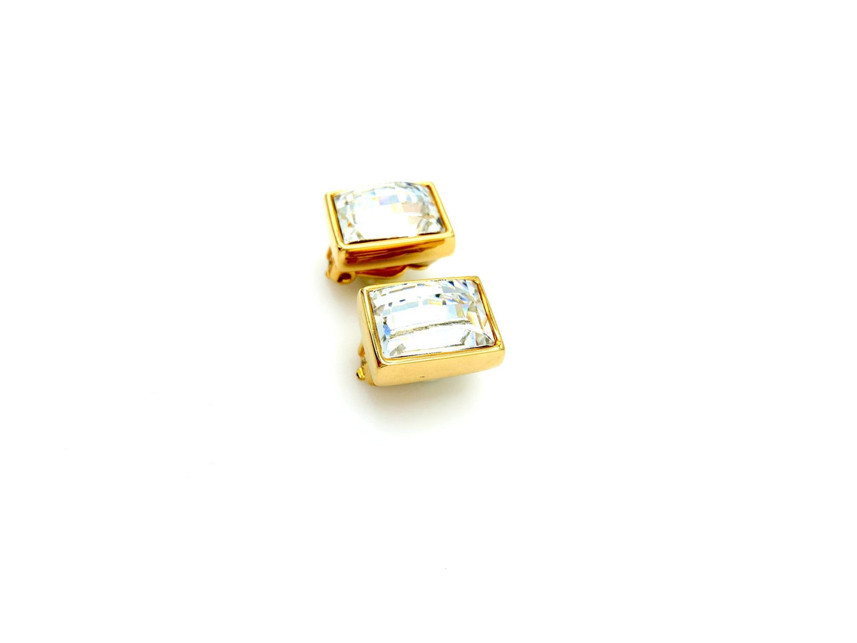 Vintage Gold Swarovski Rectangle Clear Crystal Clip - On Earrings - 24 Wishes Vintage Jewelry