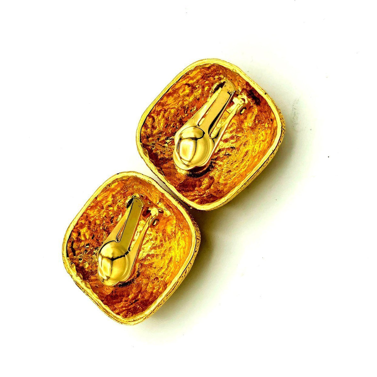 Vintage Gold Textured Chunky Classic Square Clip - On Earrings - 24 Wishes Vintage Jewelry