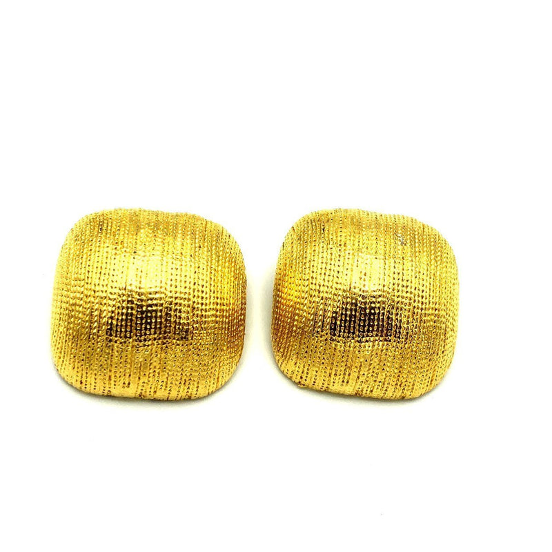 Vintage Gold Textured Chunky Classic Square Clip - On Earrings - 24 Wishes Vintage Jewelry