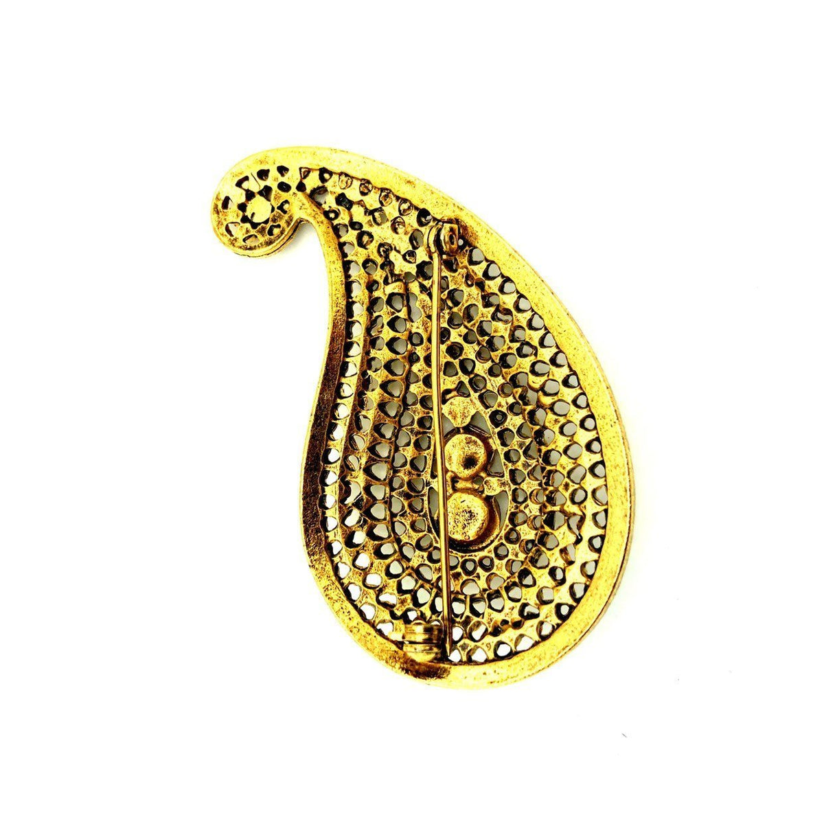 Vintage Gold Textured Rhinestone Paisley Brooch - 24 Wishes Vintage Jewelry