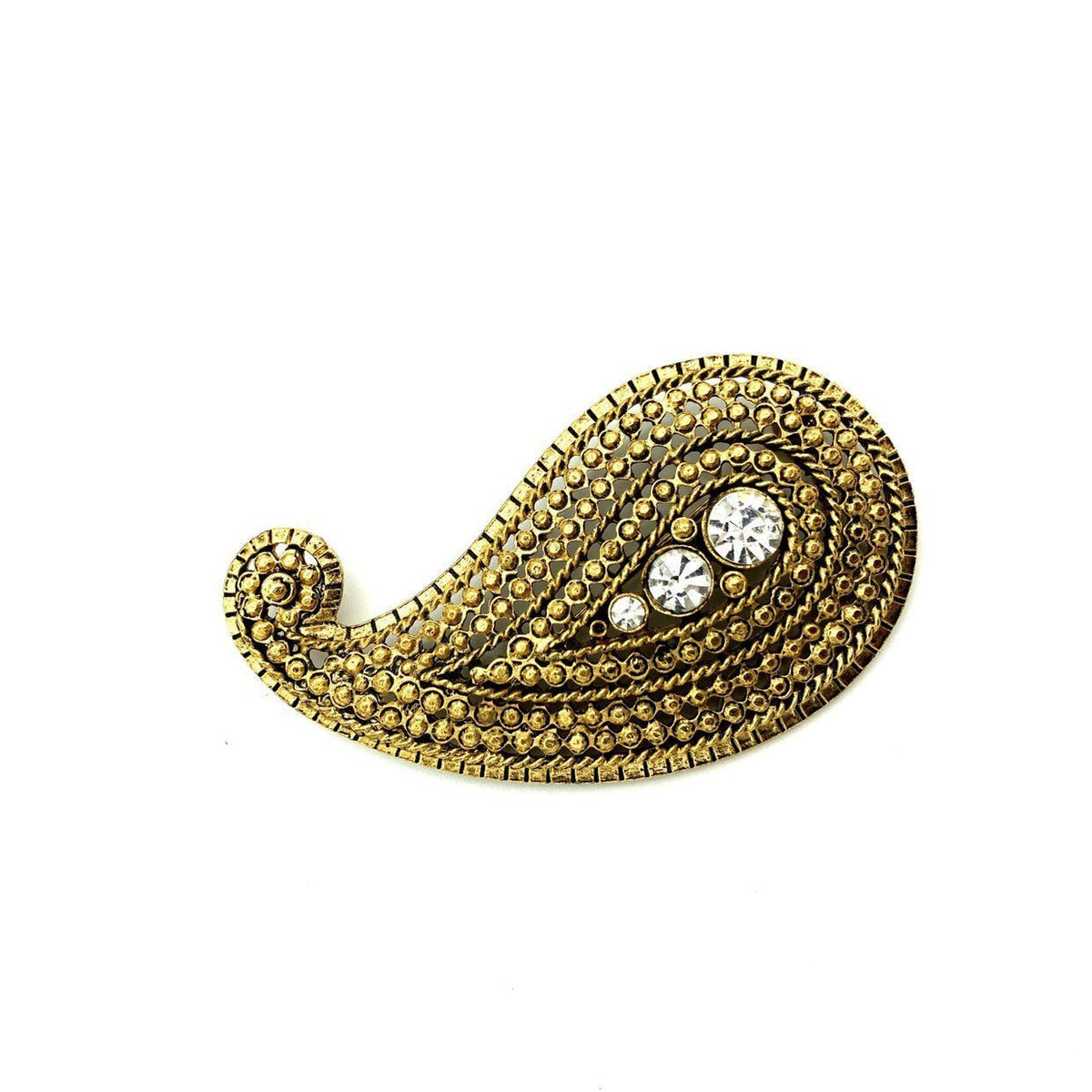 Vintage Gold Textured Rhinestone Paisley Brooch - 24 Wishes Vintage Jewelry