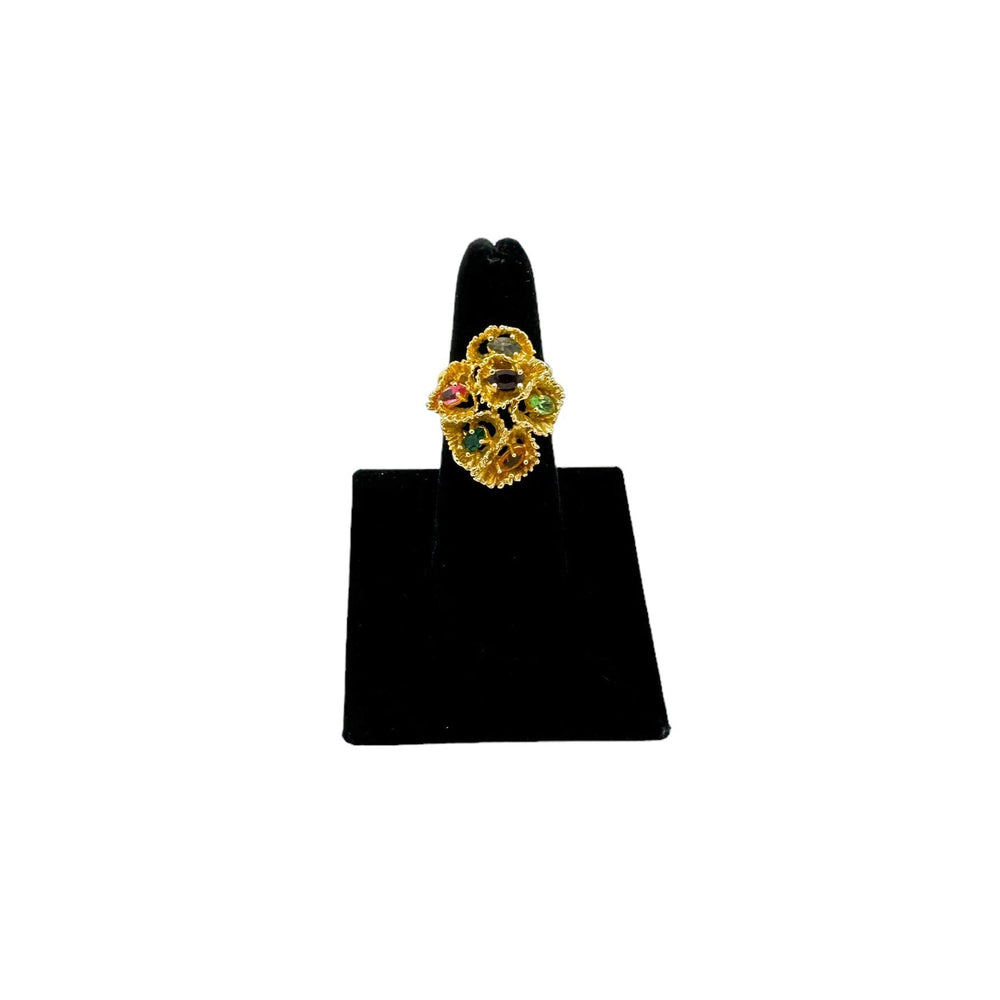 Vintage Gold Textured Swirl Multi - color Cluster Cocktail Statement Ring - 24 Wishes Vintage Jewelry