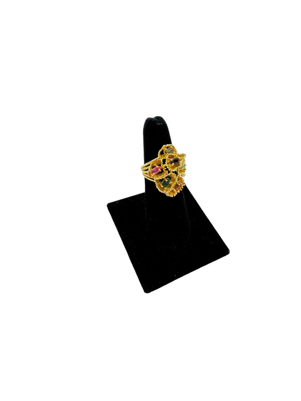 Vintage Gold Textured Swirl Multi - color Cluster Cocktail Statement Ring - 24 Wishes Vintage Jewelry