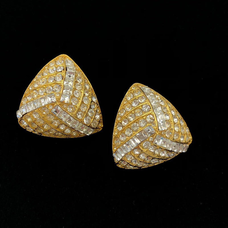 Vintage Gold Triangle Rhinestone Paved Clip - On Earrings - 24 Wishes Vintage Jewelry