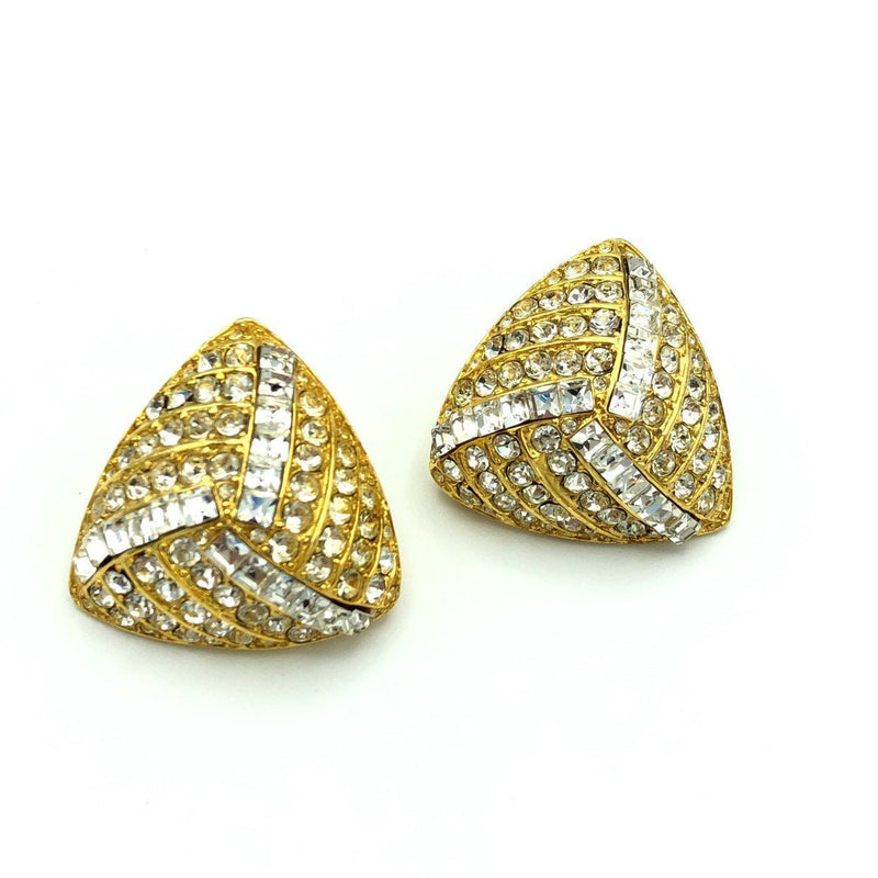 Vintage Gold Triangle Rhinestone Paved Clip - On Earrings - 24 Wishes Vintage Jewelry