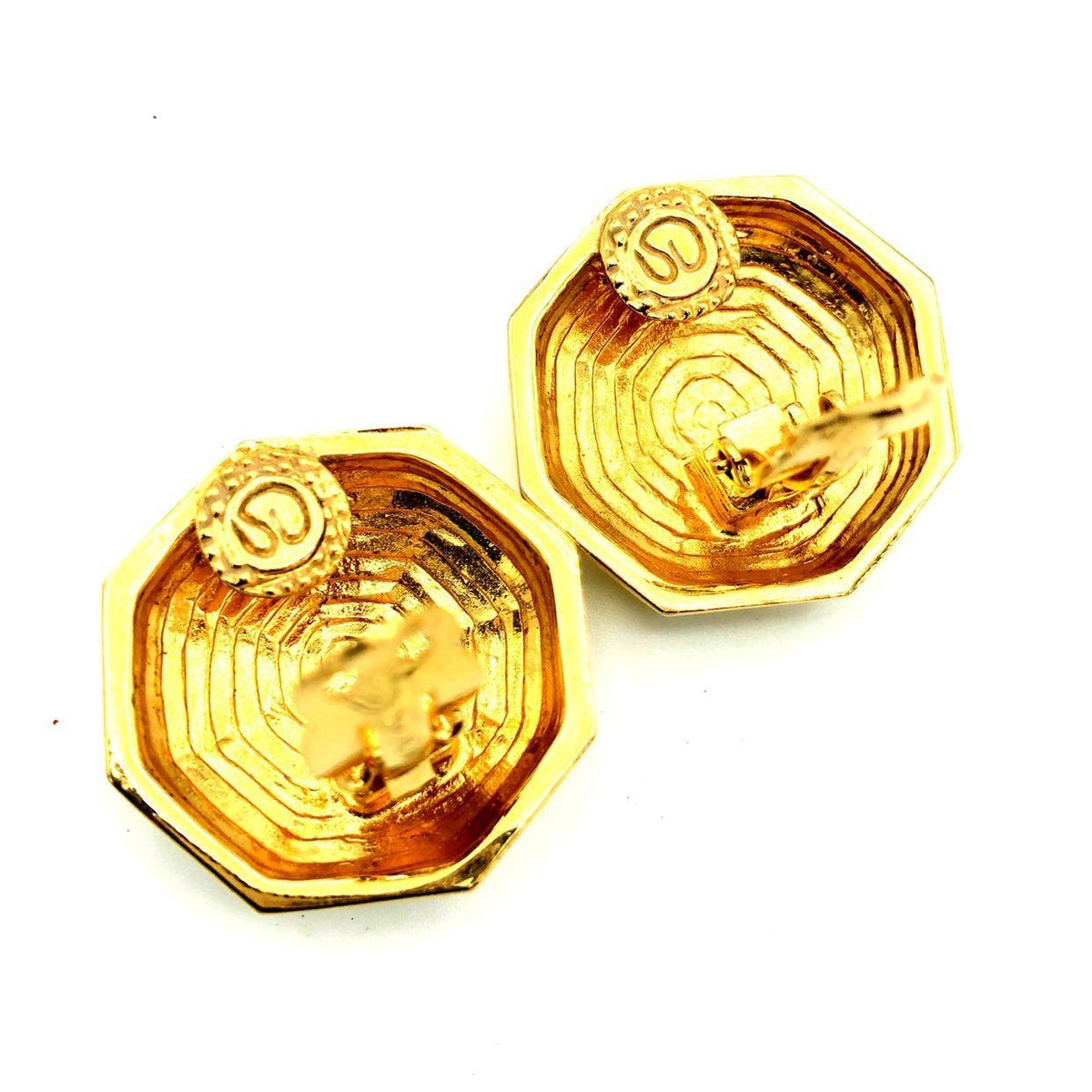 Vintage Gold & White Enamel St. John Logo Vintage Clip - On Earrings - 24 Wishes Vintage Jewelry