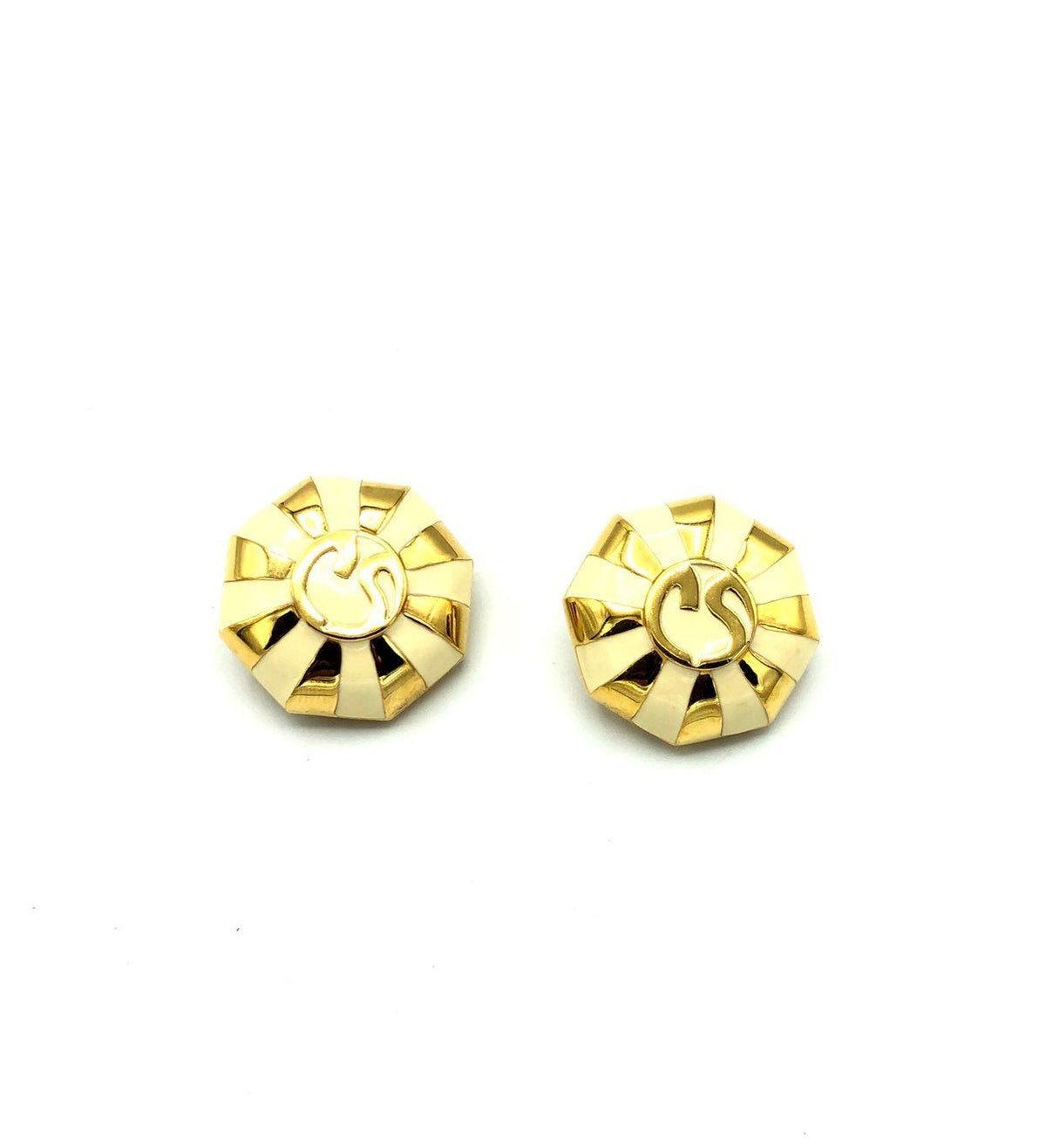 Vintage Gold & White Enamel St. John Logo Vintage Clip - On Earrings - 24 Wishes Vintage Jewelry