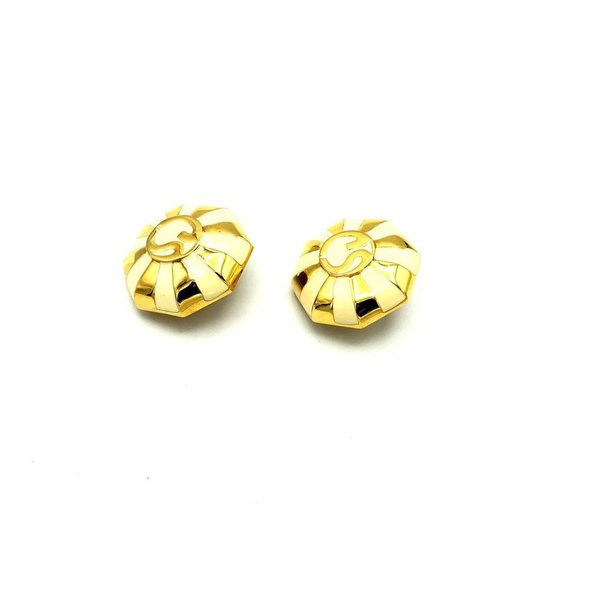 Vintage Gold & White Enamel St. John Logo Vintage Clip - On Earrings - 24 Wishes Vintage Jewelry