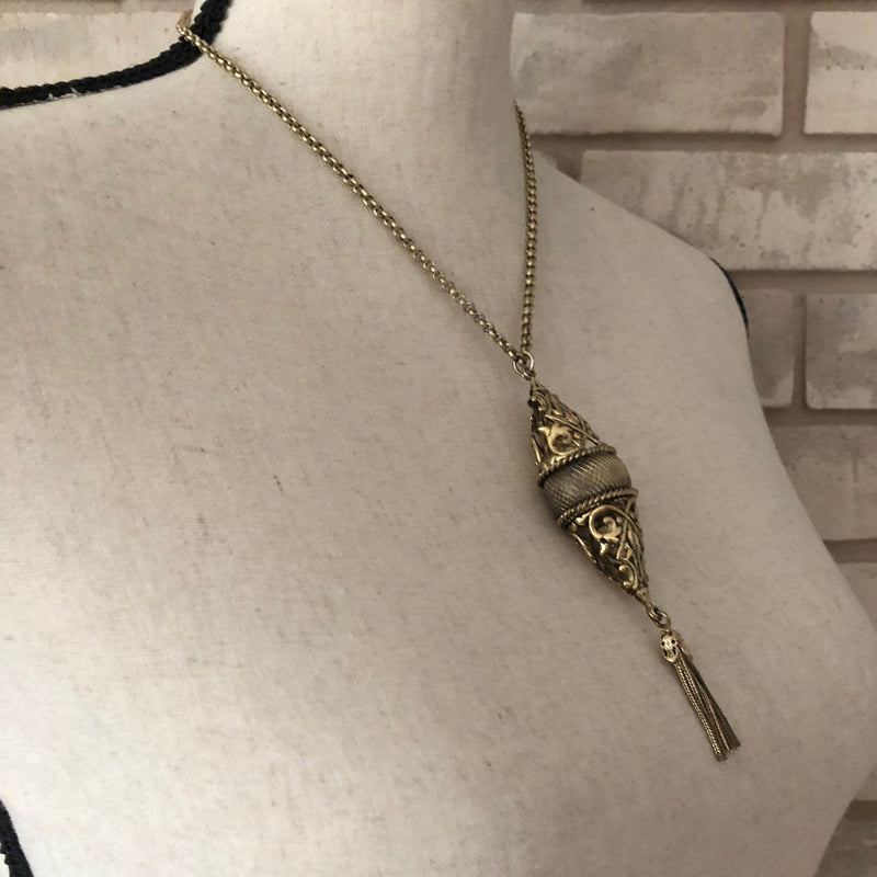 Vintage Gold Whiting & Davis Filigree Tassel Pendant - 24 Wishes Vintage Jewelry