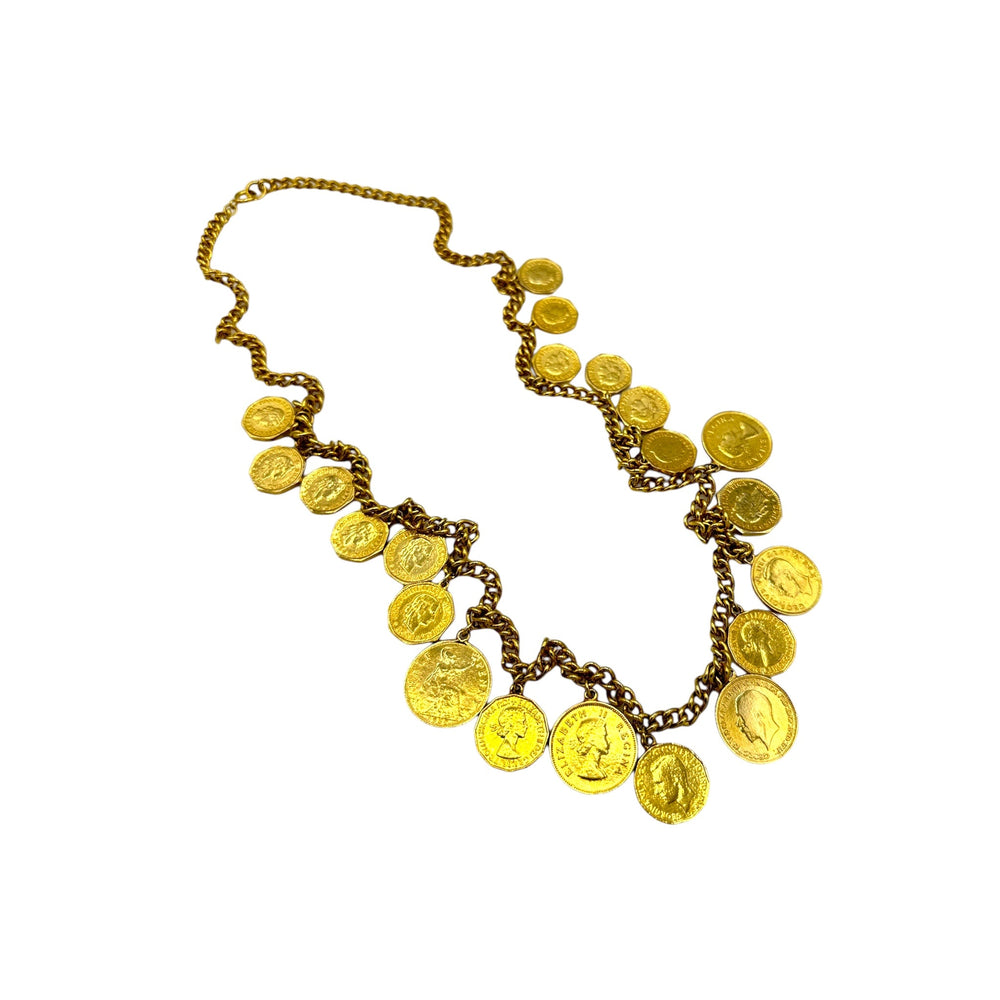 Vintage Gold World Coin Charm Long Chain Necklace - 24 Wishes Vintage Jewelry