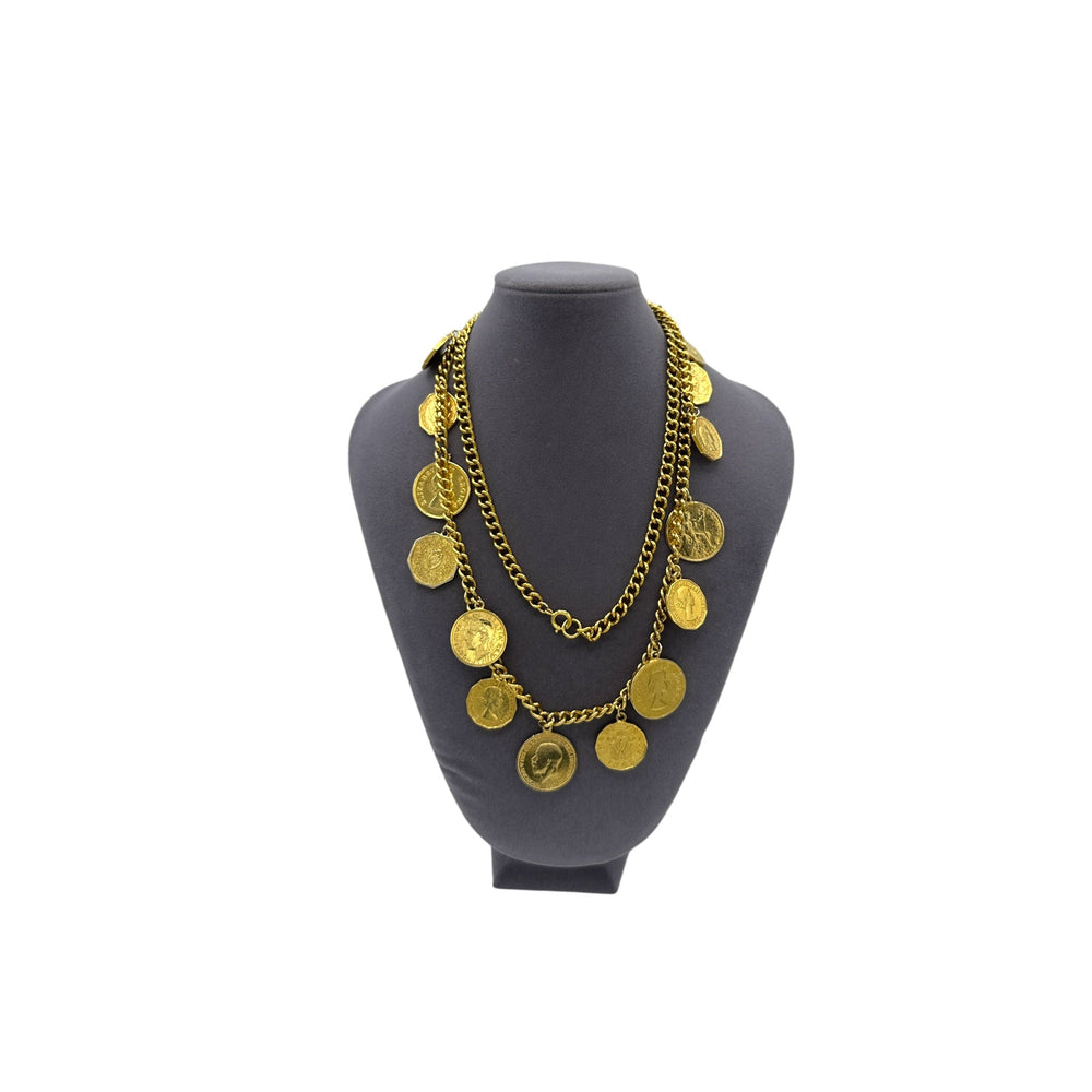 Vintage Gold World Coin Charm Long Chain Necklace - 24 Wishes Vintage Jewelry