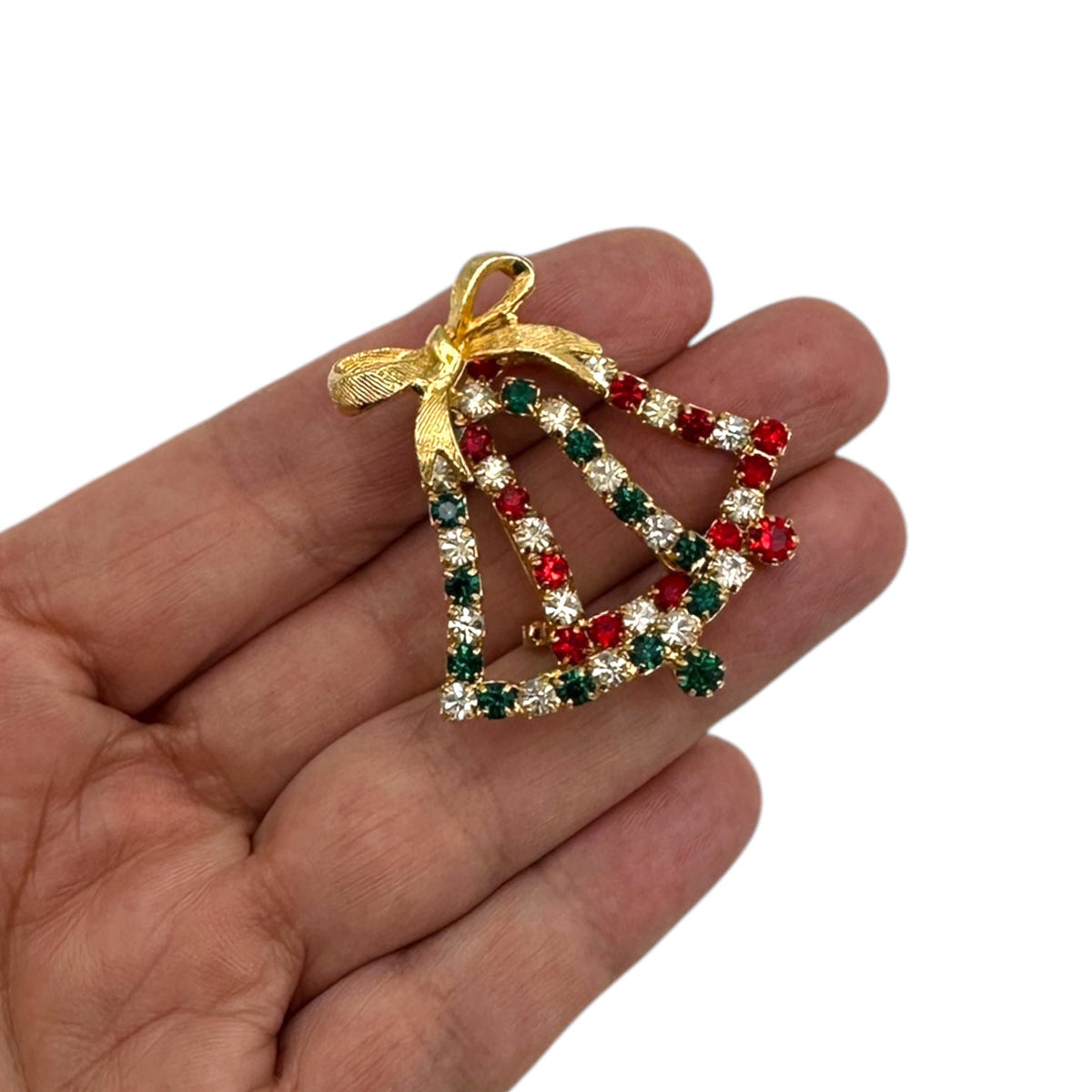 Vintage Holiday Brooch Trio Rhinestone Stocking Wreath Bells Christmas Scatter Pins - 24 Wishes Vintage Jewelry