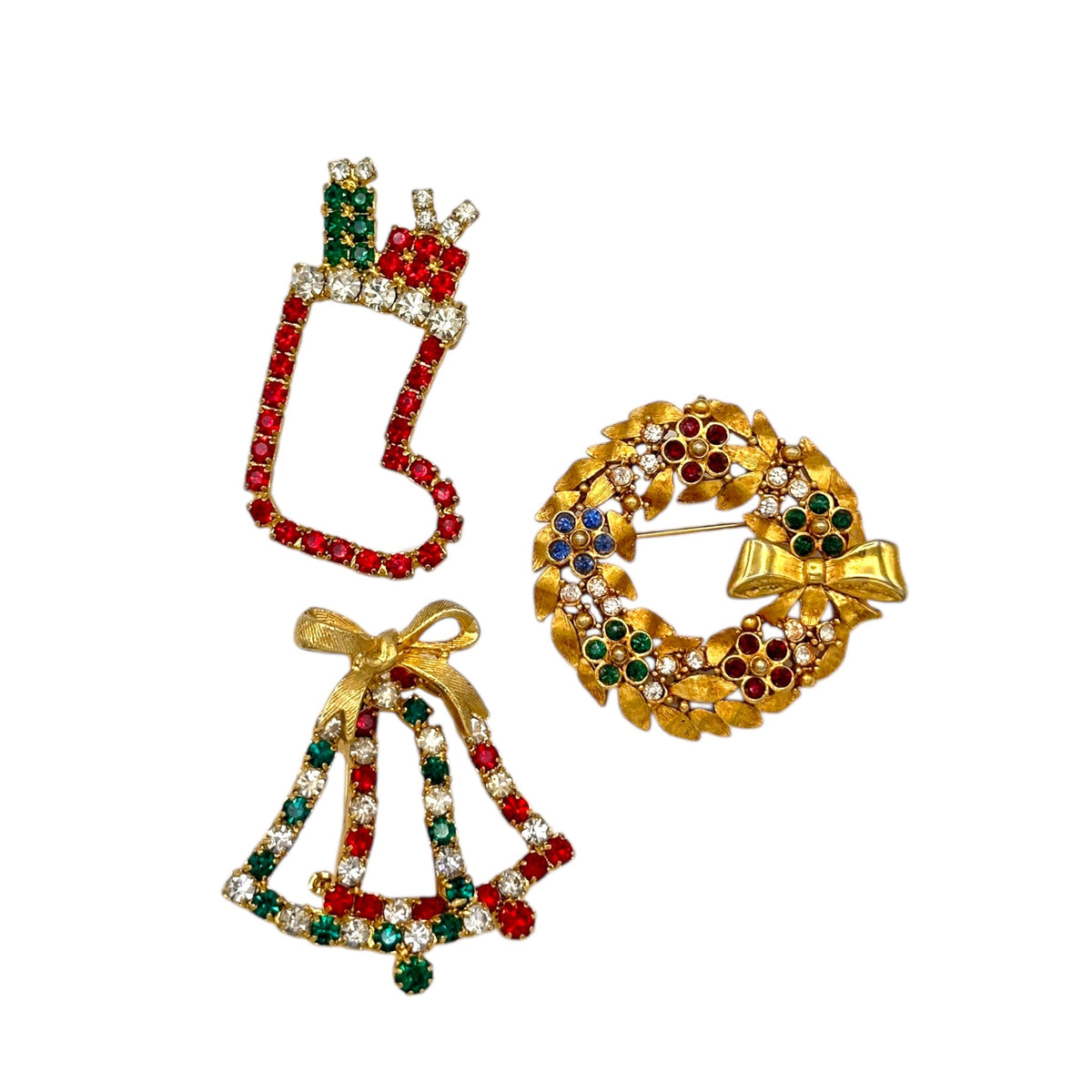 Vintage Holiday Brooch Trio Rhinestone Stocking Wreath Bells Christmas Scatter Pins - 24 Wishes Vintage Jewelry