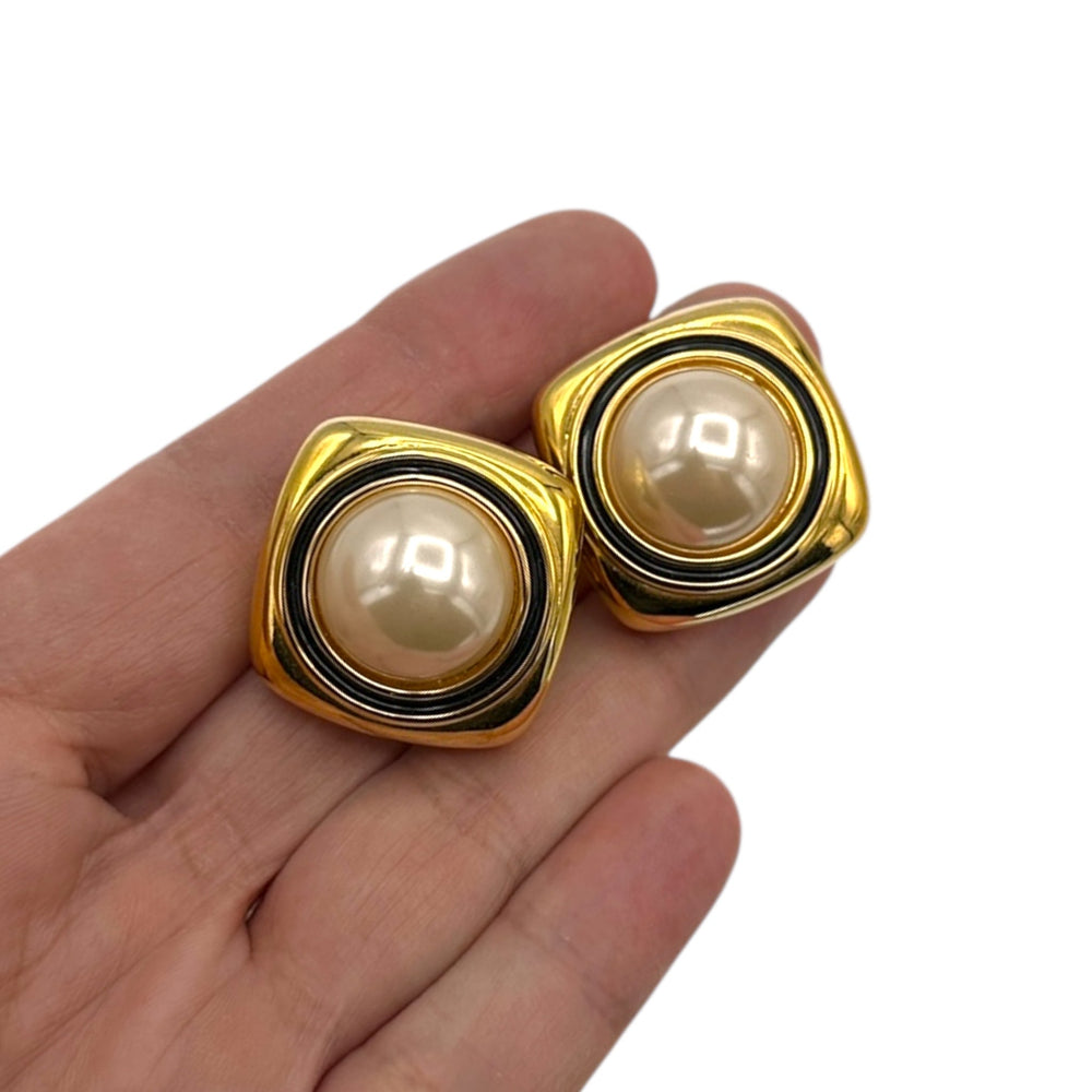 EarringsVintage Joan Rivers 1990s Gold Square Faux Pearl Clip - On Earrings