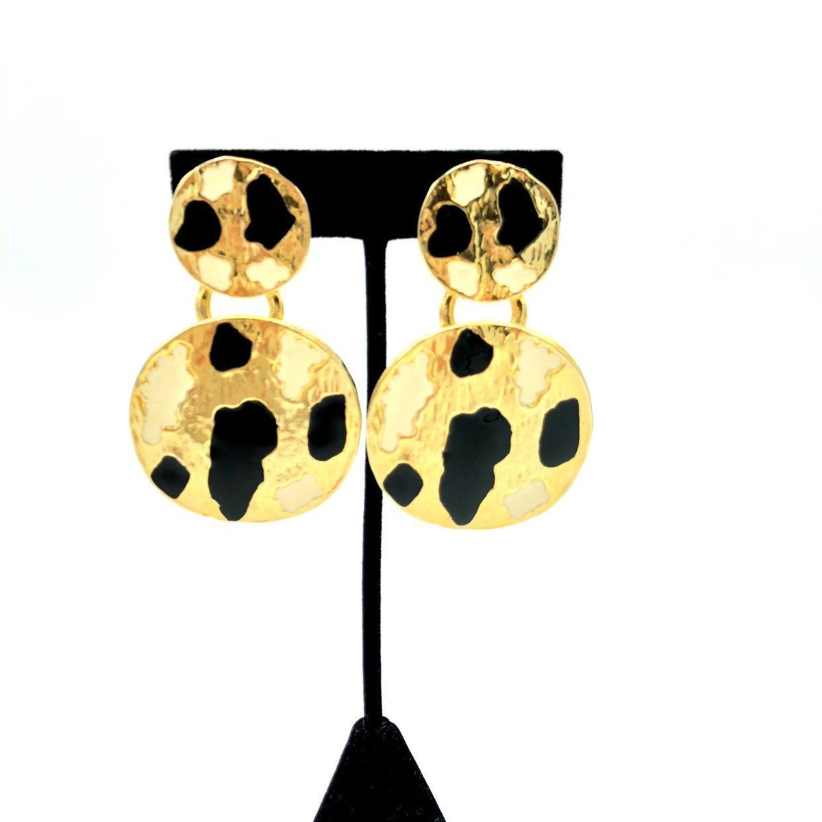 Vintage KOKO Black Enamel Animal Print Gold Clip - On Earrings - 24 Wishes Vintage Jewelry