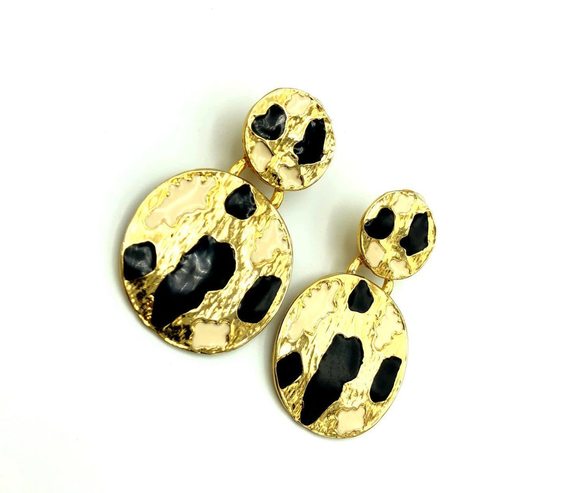 Vintage KOKO Black Enamel Animal Print Gold Clip - On Earrings - 24 Wishes Vintage Jewelry