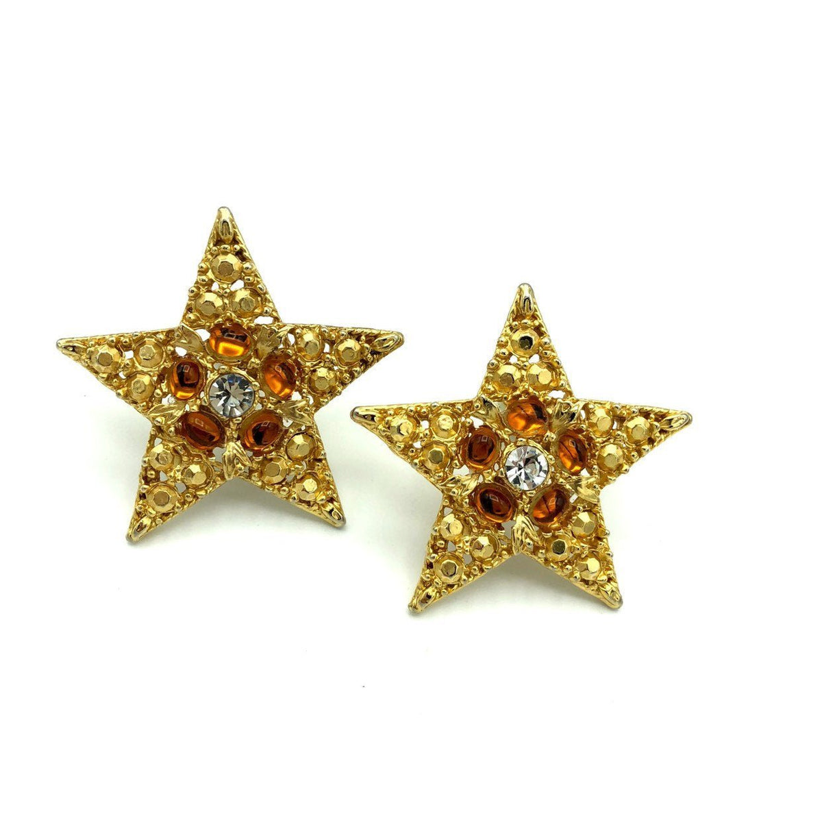 Vintage Large Gold Star Cabochon Clip - On Earrings - 24 Wishes Vintage Jewelry