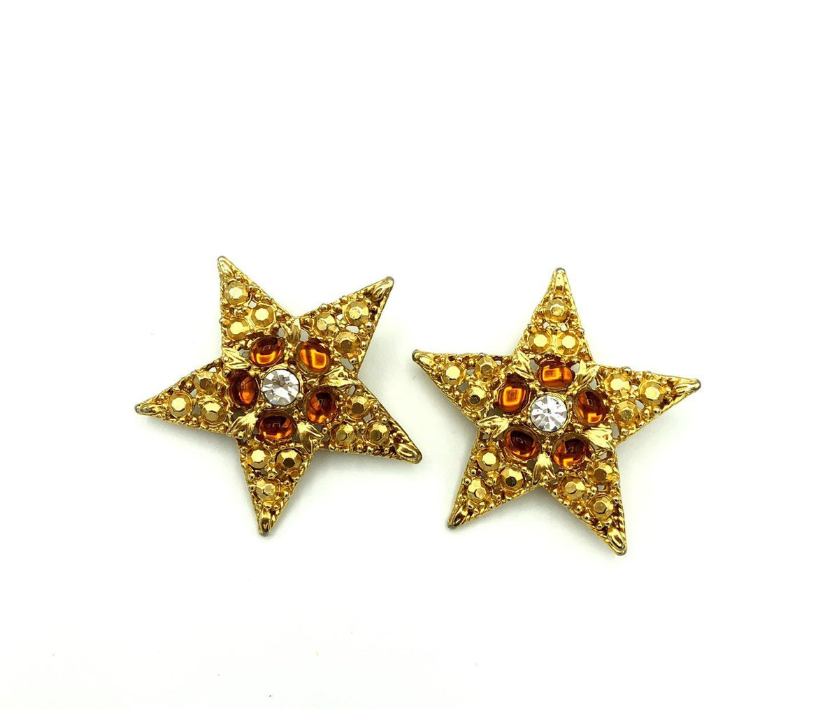 Vintage Large Gold Star Cabochon Clip - On Earrings - 24 Wishes Vintage Jewelry