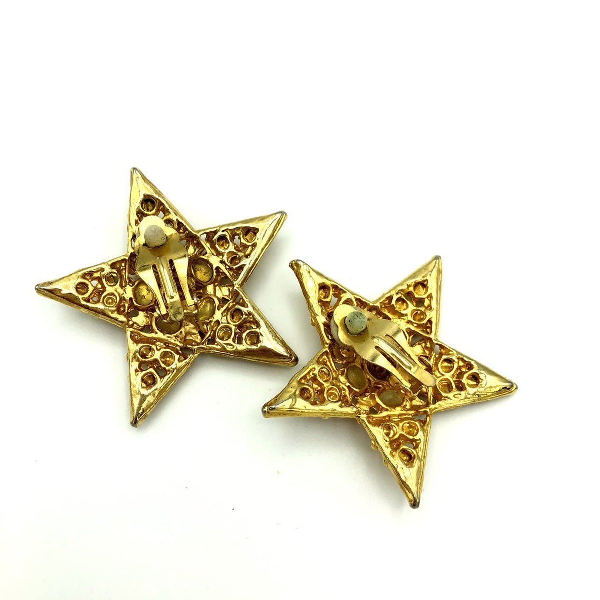 Vintage Large Gold Star Cabochon Clip - On Earrings - 24 Wishes Vintage Jewelry