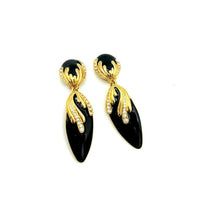 Vintage Long Dangle Black Enamel Rhinestone Clip - On Earrings - 24 Wishes Vintage Jewelry