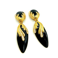 Vintage Long Dangle Black Enamel Rhinestone Clip - On Earrings - 24 Wishes Vintage Jewelry