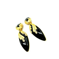 Vintage Long Dangle Black Enamel Rhinestone Clip - On Earrings - 24 Wishes Vintage Jewelry