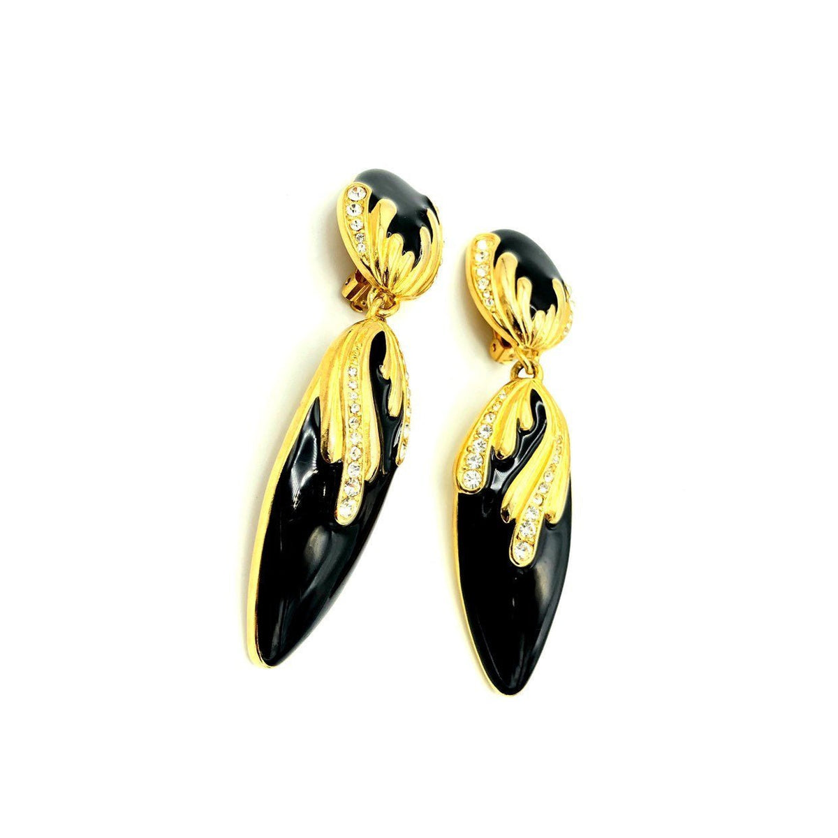 Vintage Long Dangle Black Enamel Rhinestone Clip - On Earrings - 24 Wishes Vintage Jewelry