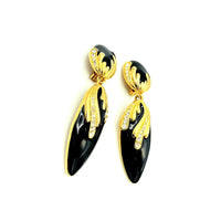 Vintage Long Dangle Black Enamel Rhinestone Clip - On Earrings - 24 Wishes Vintage Jewelry