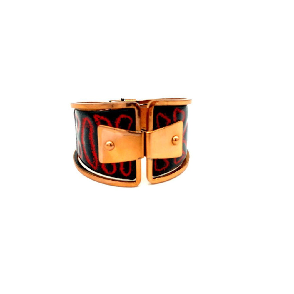 Vintage Matisse Renoir Enamel Geometric Wide Copper Hinged Bangle - 24 Wishes Vintage Jewelry